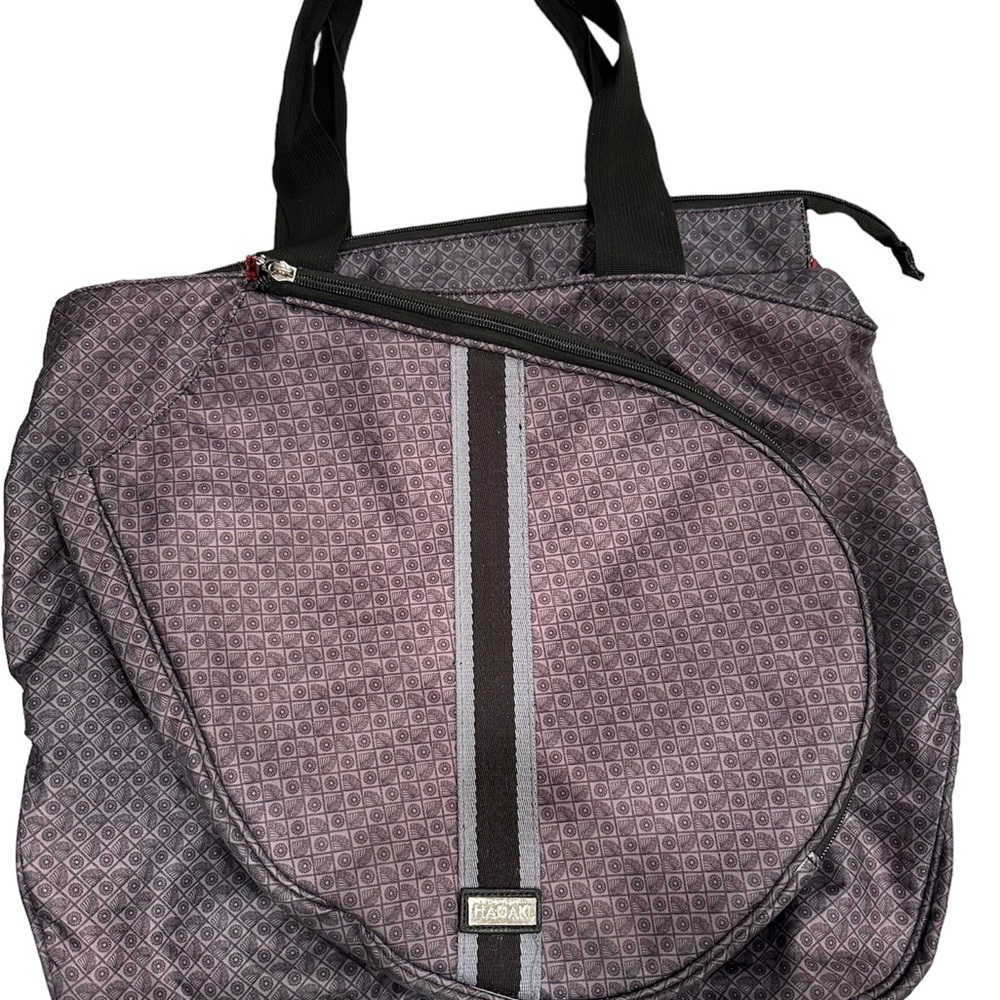 Hadaki Tennis Tote, navy multicolor with black stripe and handles
